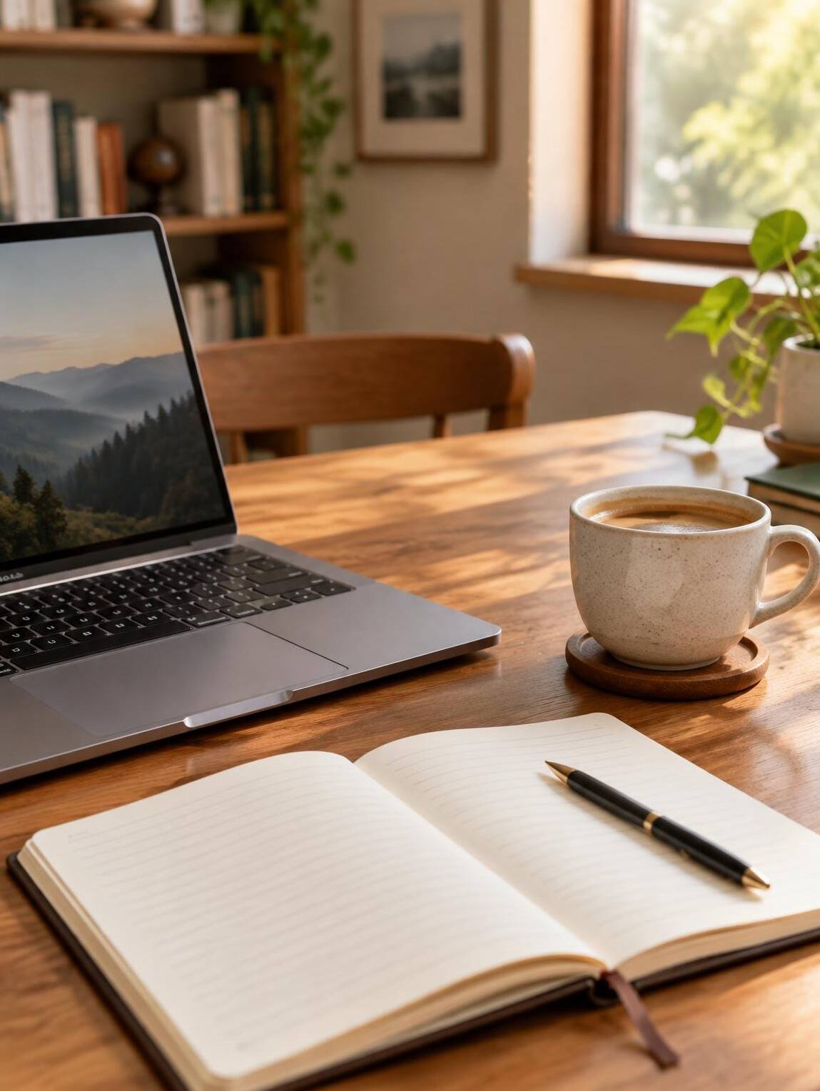 Laptop and notebook with coffee cup on a wooden table