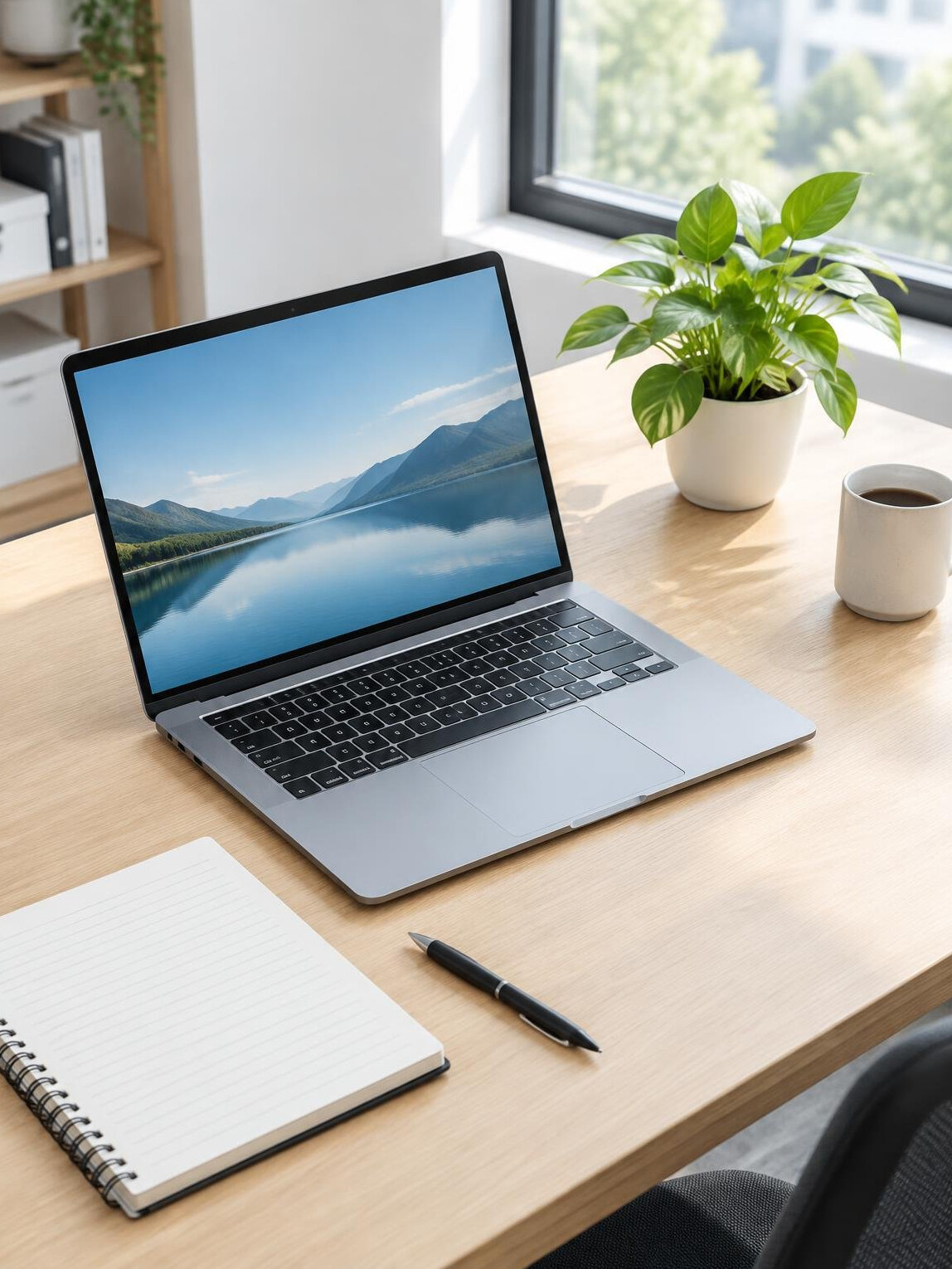 Bright modern office desk with laptop, notebook and plant