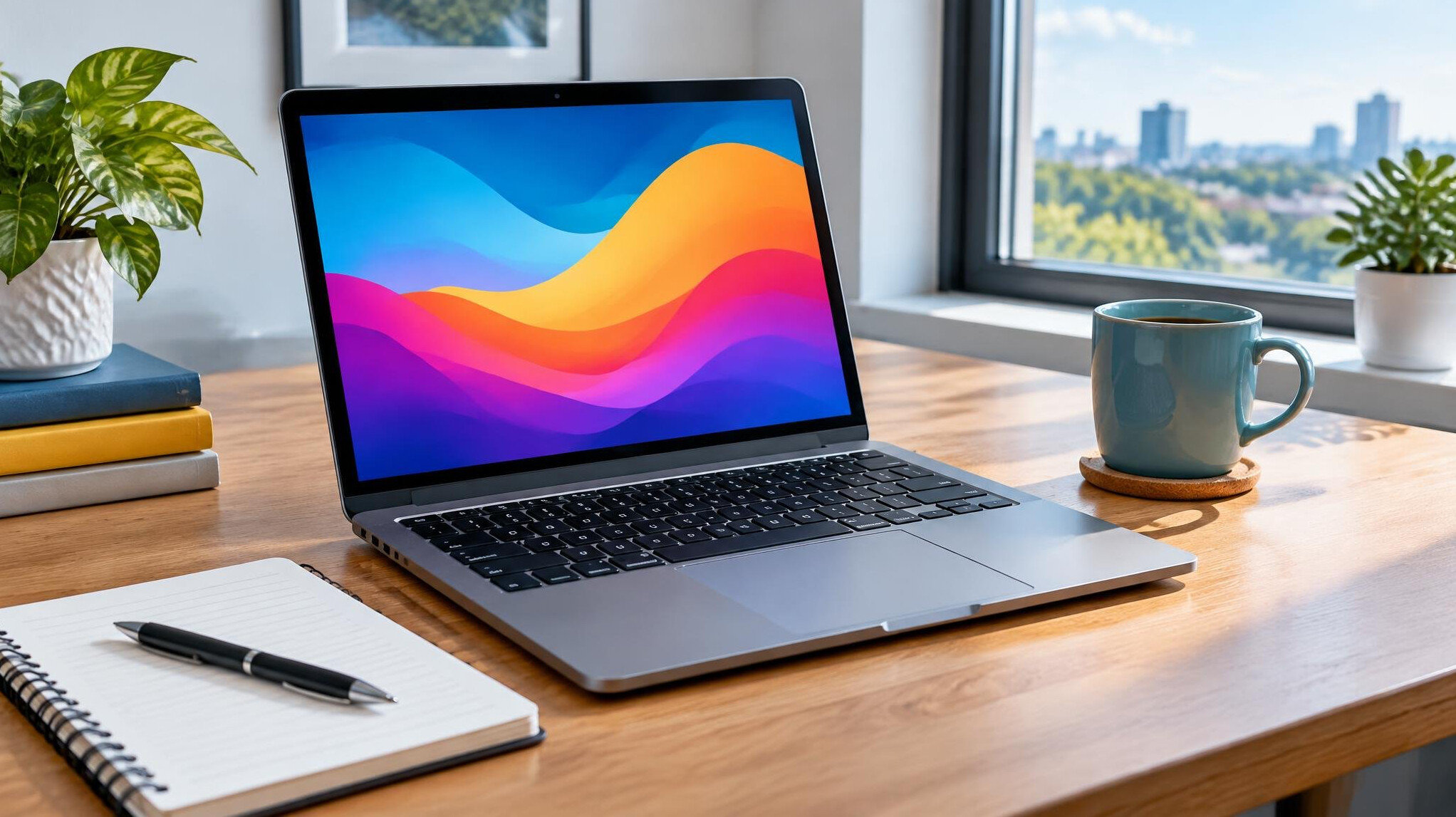 Laptop on a desk showing code on the screen with a notebook beside it